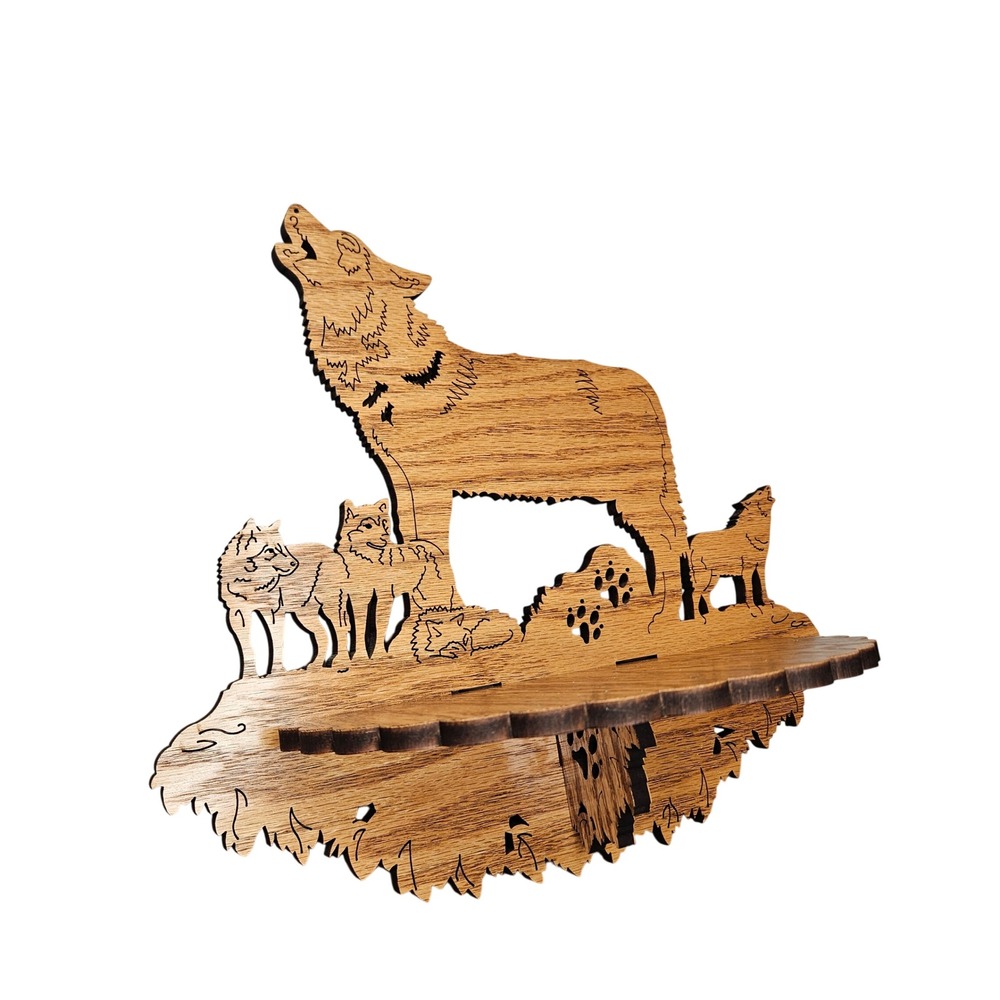 Rustic Scroll Cut Wood Wolf Pack Floating Wall Shelf Howling Wolves Cabin Decor